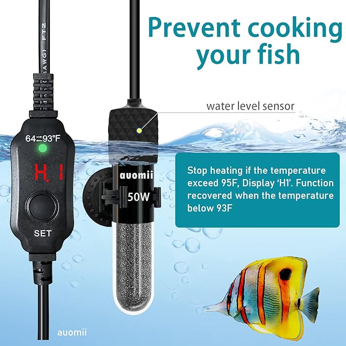Small Submersible Aquarium Heater,Adjustable Mini Fish Tank Heater 25/50/100/150/200/300 Watts with External Temperature Controller, LED Display, Smart Memory, Used for 1-60 Gallons