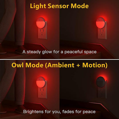 YUNLEX 2 Pack Plug in Red Sleep Night Light with Motion Sensor and Dusk to Dawn Sensor, 3 Modes, Soft Glow, 0% Blue Light True Red, Dimmable, LED Lights for Bedroom, Sleep, Kids, Bathroom, Hallway