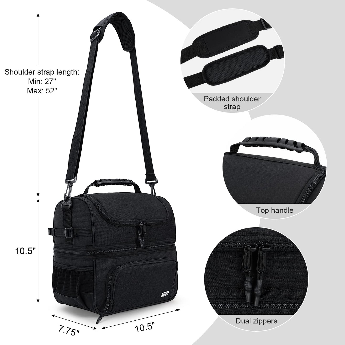 MIER Dual Compartment Lunch Bag Tote with Shoulder Strap for Men and Women Insulated Leakproof Cooler Bag, Black