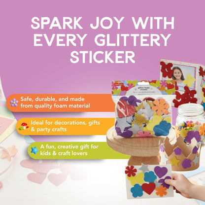 Incraftables Glitter Self Adhesive Foam Stickers for Kids, 100pcs Heart, Star, Butterfly, Flower Shapes, Multicolor, Felt Material, Modern Style, Indoor Use, Stickers for Kids & Adults