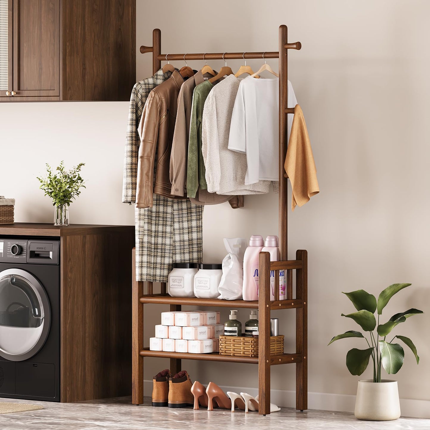 Yoobure Solid Wood Clothing Rack with Shelves - Coat Rack Freestanding with 6 Hooks, 3-in-1 Hall Tree for Hanging Clothes, Tall Garment Racks with Storage for Bedroom, Entryway, Living Room, Closet