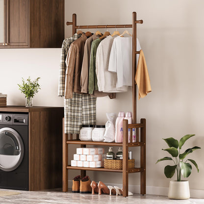 Yoobure Solid Wood Clothing Rack with Shelves - Coat Rack Freestanding with 6 Hooks, 3-in-1 Hall Tree for Hanging Clothes, Tall Garment Racks with Storage for Bedroom, Entryway, Living Room, Closet