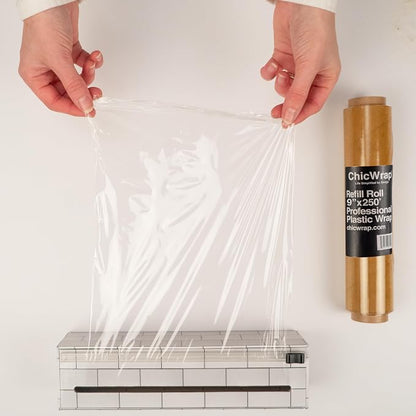 ChicWrap® Subway Tile Refillable 9” Plastic Wrap Dispenser - Includes One 9" x 250' Roll of Professional Grade Plastic Wrap - and Kosher Certified - Reusable Dispenser w/Slide Cutter