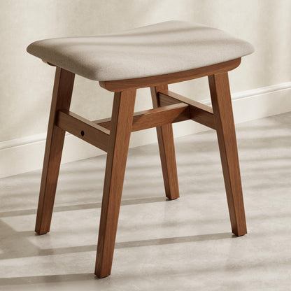 Muwuele Solid Wood Vanity Stool, Compact Makeup Chair with Saddle Cushion, Linen-Covered High Rebound Sponge Seat, Easy Assembly Footstool for Bedroom, Entryway, Home, Walnut