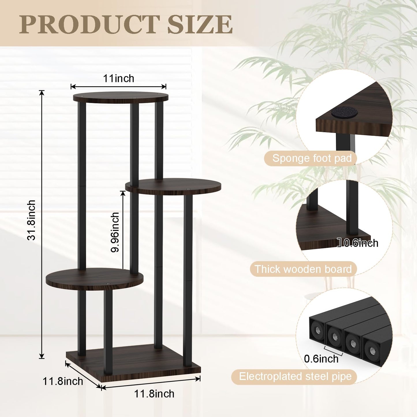 SMFANLIN 4 Tier Plant Stand Indoor, Metal Wooden Tall Plant Shelf Flower Pot Stand for Multiple Plants, Corner Flower Holder Plant Display Rack for Living Room Balcony Patio Garden (Black)