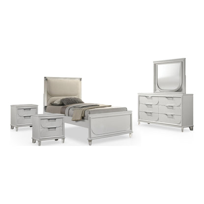 Furniture of America Leila Modern Wood 5-Piece Kids Bedroom Set with LED on Headboard and Mirror, Embossed Panels, Hidden Jewelry Tray, Felt-Lined, No Box Spring Needed, Twin, Pearl White