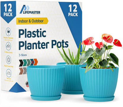 Blue 6-Inch Plant Pots with Drainage & Saucers 12 Pack, Indoor & Outdoor Planters for Houseplants, Herbs, and Flowers, Durable & Weatherproof Material, Stackable, Lightweight, Minimalist Design