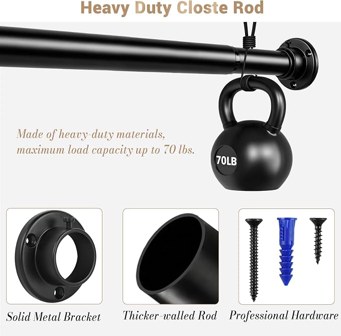 Closet Rod Adjustable 17 to 28 Inch, 1-1/4” Diameter, Closet Rods for Hanging Clothes, Stepless Metal Heavy Duty Hanging Rod for Closet Wardrobes Laundry RV (Black)