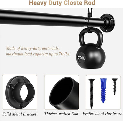 Closet Rod Adjustable 17 to 68 Inch, 1-1/4” Diameter, Closet Rods for Hanging Clothes, Stepless Metal Heavy Duty Hanging Rod for Closet Wardrobes Laundry RV (Black)
