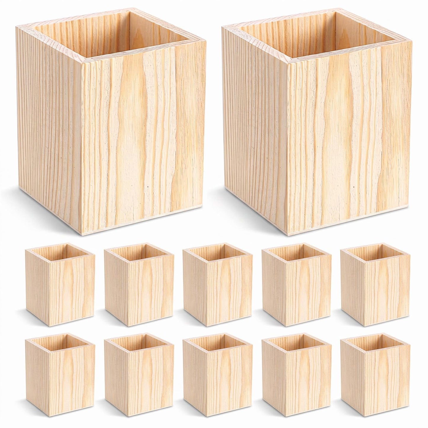 12 Pack Wood Pen Holder Unfinished Pine Wood Pencil Cup for DIY Crafts, Office Desk Organizer, 3 x 3 x 4 Inch Natural Square Wooden Holder for Pens Markers Scissors