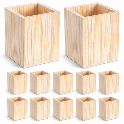 12 Pack Wood Pen Holder Unfinished Pine Wood Pencil Cup for DIY Crafts, Office Desk Organizer, 3 x 3 x 4 Inch Natural Square Wooden Holder for Pens Markers Scissors