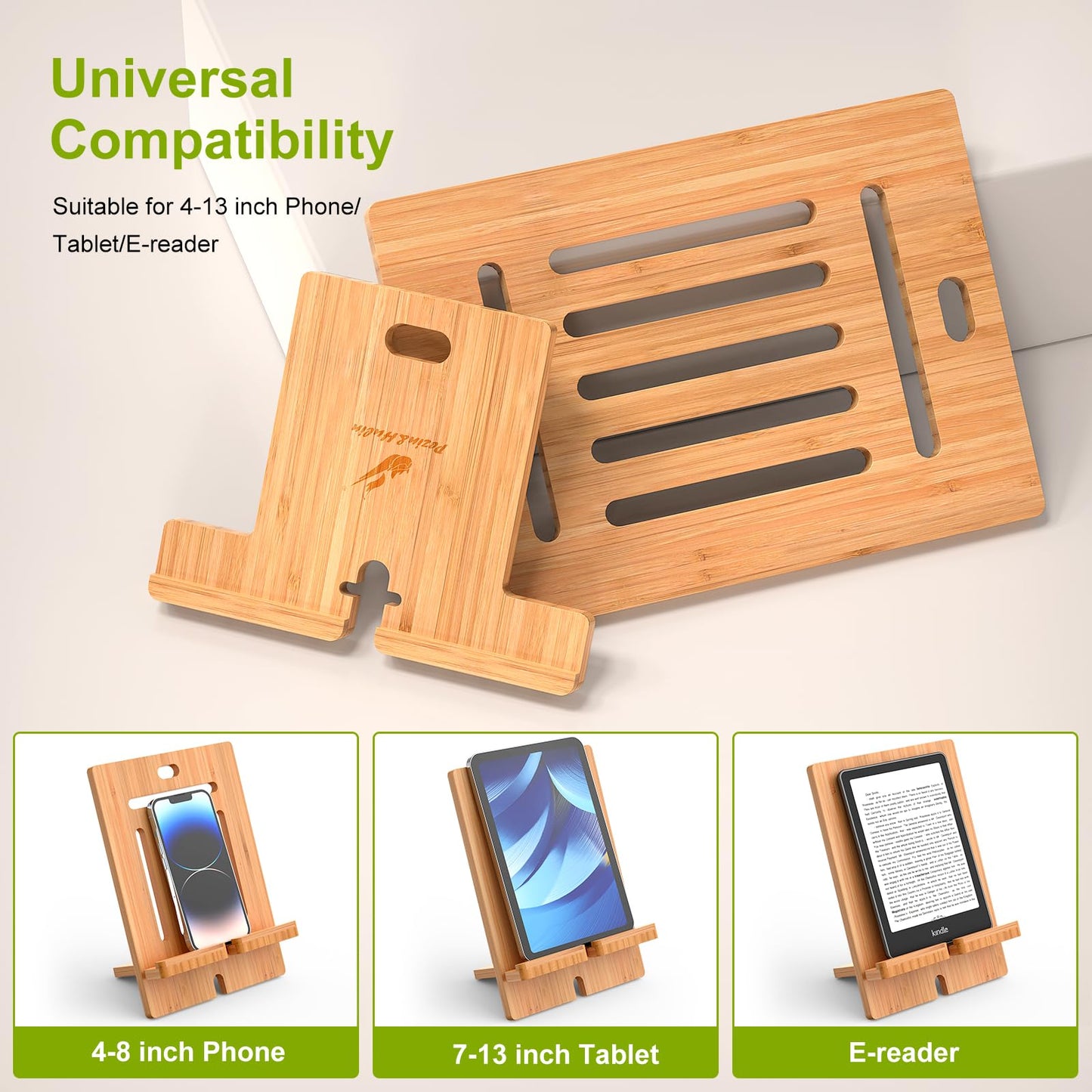 Pezin & Hulin Bamboo Tablet Stand Adjustable, Desktop Cell Phone Stand Holder Dock Compatible with Pad Air/Pro/Mini, E-Reader, Smartphone (Support to 4.7-13" Devices)-Bamboo