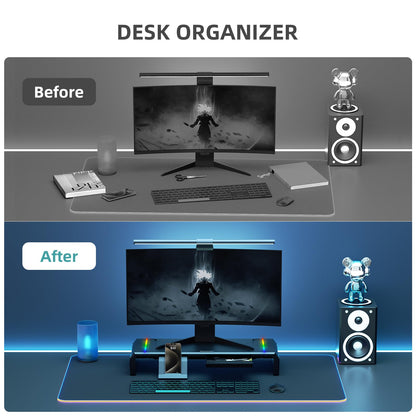 Heymaster Monitor Stand for Desk, Gaming Monitor Riser with RGB Light, Foldable Computer Monitor Stand Riser, Desk Organizers and Accessories for Desktop, Printer (Black)