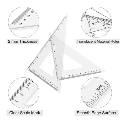 Coopay 12 Inch Math Geometry Tool Plastic Ruler Square Set Includes Straight Ruler, Triangles, Protractor for Student School Office Supplies (Clear)