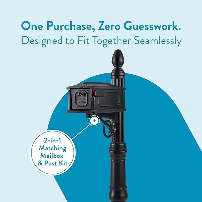 Architectural Mailboxes Stratford Plastic Mailbox and Post Kit, SC000BAM, Black, Medium Capacity | Includes the matching post and all hardware. Durable plastic build with weather-resistant outdoor construction. USPS approved