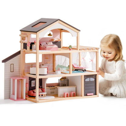 ROBOTIME Wooden Dollhouse, Doll House with 29 Pieces Furniture Set - Pool and Elevator, Wooden Doll House for 4, 5, 6-Inch Dolls, 6 Rooms Pink Dollhouse Gift for Kids Girls Ages 3+ (Black)