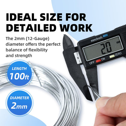 Bendable Aluminum Craft Wire - 2mm 12 Gauge (30m / 100ft) Spool, Floral Wire for Artificial Flowers, Jewelry Making Wire for Beading & Wire Wrapping - Silver