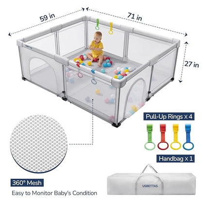 Foldable Baby Playpen, 1-Minute Setup, Lightweight Portable Playpen with Carry Bag, 59"x71" Indoor Outdoor Safty Play Yard for Babies & Toddlers, Light Gray