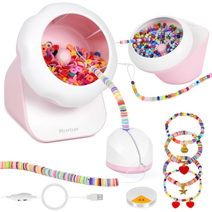 Myartype Clay Bead Spinner and Seed Bead Spinner, 2-in-1 Electric Bead Spinner for Jewelry Making, Bracelet Spinner and Necklace Making Machine with Bead Needles and Thread (Pink)