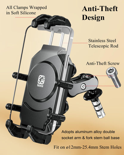 BRCOVAN Anti-Theft Motorcycle Fork Stem Phone Mount Holder with Vibration Dampener & High-Speed Secure Lock, Heavy Duty, Adjustable Size, Big Phone Friendly, Fit for 5.4-7.2'' Cellphone