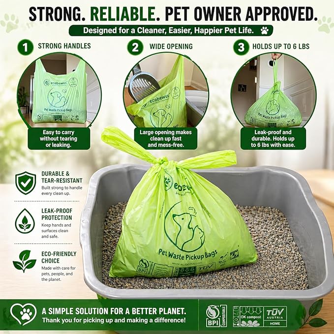100% Compostable XL Pet Waste Bag (120 ct.) Plant-Based Biodegradable Cat Litter Poop Bags Doggy Poop Bags with Handles Compost Liners US BPI ASTM D6400 & OK Compost Home Certified (120 ct)