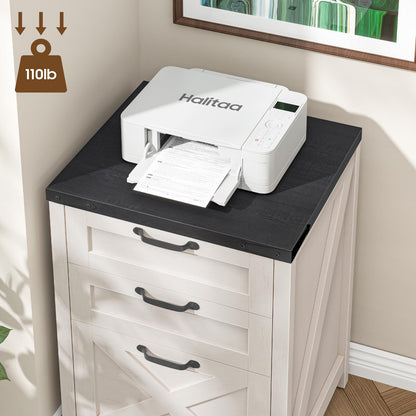 Halitaa 3 Drawer Small File Cabinet, Farmhouse Vertical Filing Cabinet Fits Letter and A4 Size, Under Desk Wooden File Cabinets for Home Office, Printer Stand, White and Black