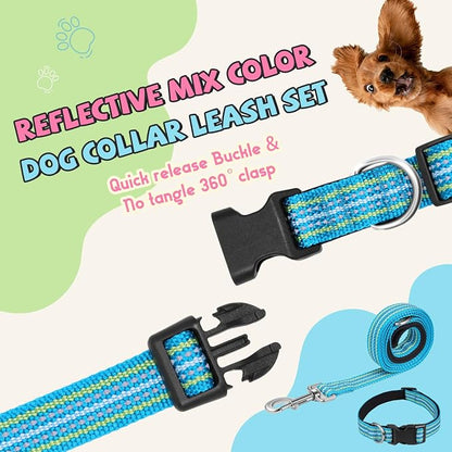 Reflective Dog Collar and Leash Set, Nylon Dog Leash with Heavy-Duty Steel D-Ring, Adjustable with Quick Release Buckle for Medium Dogs,Cyan M