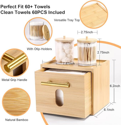 Face Towels Holder with 60 XL Towels, Disposable Towelettes Bamboo Box Cotton