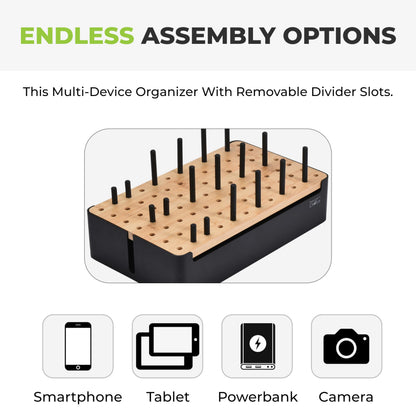 Prosumer's Choice Black Wooden Charging Station Organizer for Multiple Devices - Cable Management Box with 5 Slots and Removable Dividers - Charger Organizer for Phone, Tablet, Home, Office, 12"x6"x7"