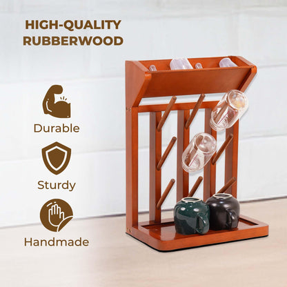 Nabytok Brown Vertical Bottle Drying Rack Rubber Wood 9 Hooks, Use for Bottles, Cups, Mugs, Glasswine, Space Saving Storage Shelf Bottle Holder Dryer Kitchen