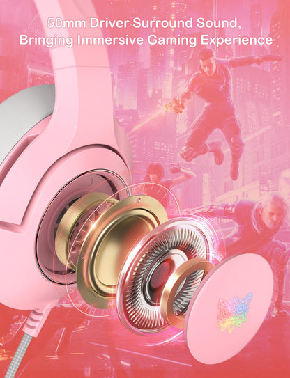 PHNIXGAM Cat Ear Gaming Cute Headset, Wired Over-Ear Headphones with Retractable Microphone, Surround Sound, LED Backlight for PS4, PS5, PC, Mobile Phone (Light Pink)