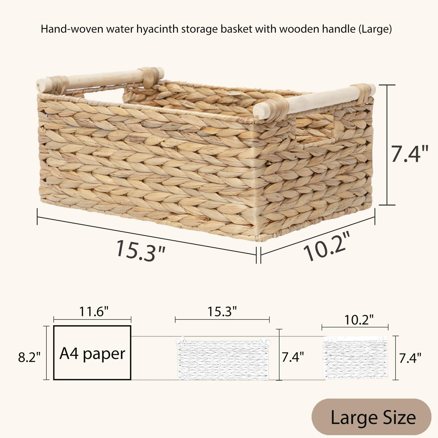 Water Hyacinth Wicker Storage Basket, Rectangular Handwoven Shelf Organizer with Wooden Handles for Pantry & Closet (Large)
