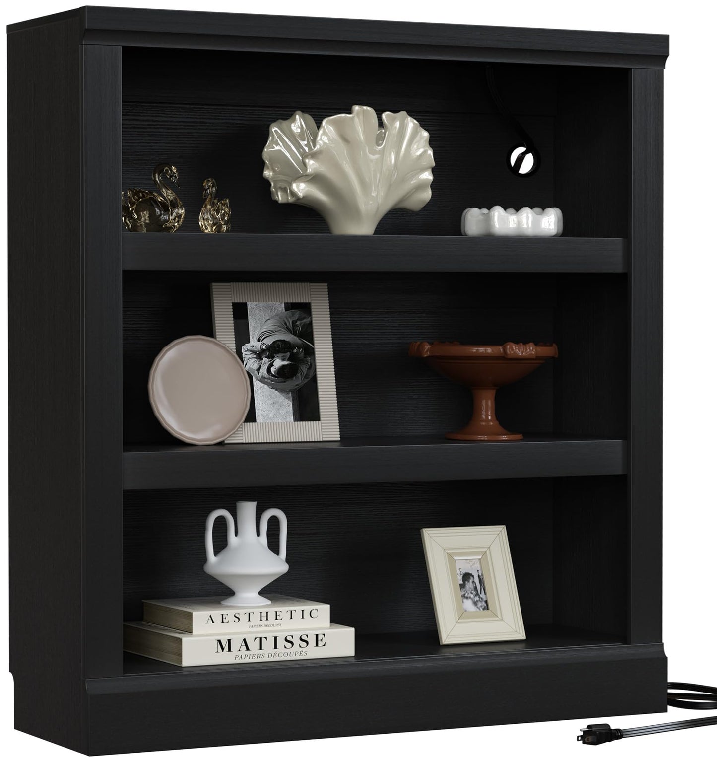 Unikito 3-Tier Storage Bookcase with Adjustable Shelves, Modern Wood Storage Organizer Rack, Free Standing Decorative Display Shelf for Home Office, Living Room and Bedroom-Black