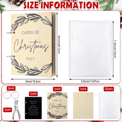 Hoolerry Christmas Wood Card Organizer Set Christmas Card Holder Include a 6 x 8 Cards Organizer a Hole Punch a Print Template 20 Protectors for Holiday Greeting Storage Gift (Classic)