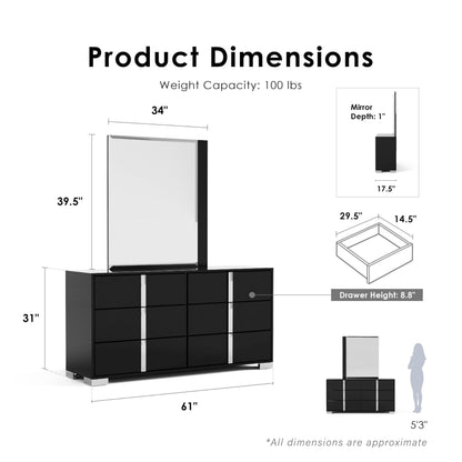 Furniture of America Alistair Modern Wood 5-Piece Bedroom Collection with Bed Frame, 2-Drawer Nightstands and 6-Drawer Dresser with Mirror, Box Spring Required, Black, Queen