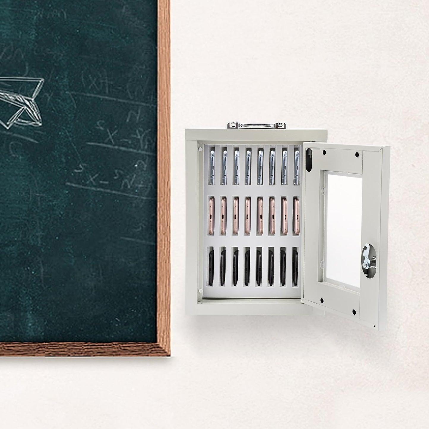 Eapmic Cell Phones Storage Cabinet Clear Cell Phone Locker Box for Pocket Cellphone Holder,Wall-Mounted&Freestanding with a Locked,Can be Carried by Hand for Office Classroom (24 Slots,Steel)