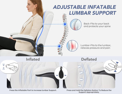 Office Chair with Adjustable Inflatable Lumbar Support,Leather Ergonomic Computer Desk Chair with Flip-up Arms,Adjustable Tilt Lock,Swivel Rolling Executive PC Chair for Work,Study,Meeting.White