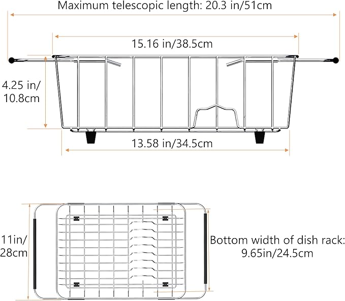 NiuYichee Stainless Steel Dish Drying Rack(15"L X 11"W X 4.1"H), Expandable Fruit & Vegetable Drain Rack over Sink, Dish Drainer Rack in Sink, with Stainless Steel Utensil Holder & Silicone Mat(16")