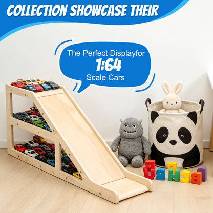 Wooden Toy Car Garage Display Case and Parking Rack with Ramp - 3-Tier Toy Car Storage Shelf Holds 60+ 1/64 Scale Diecast Cars - DIY Paintable Wooden Organizer Compatible with Hot Wheels & Matchbox