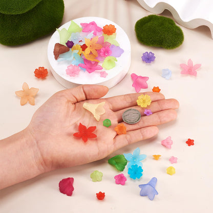 Pandahall 400pcs Mixed Acrylic Flower Beads Caps 8 Style Colorful Frosted Floral Spacer Loose Beads Lucite Beads Flower for Jewelry Making DIY Craft