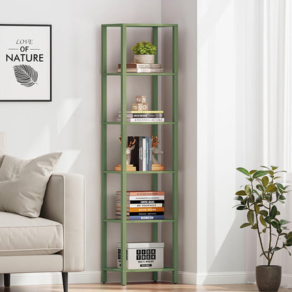 TUTOTAK Bookshelf, 6-Tier Tall Book Shelf, Narrow Bookcase for Small Space, DIY Stackable Bookshelf, for Living Room, Office, Study, Entryway, Industrial, Olive Green BS01BOG006