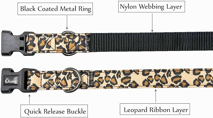 Dog Collar Leash Set, Leopard Pattern, Nylon Webbing Plus Cotton Ribbon, 5ft Matching Leash, for Medium Dogs.(M, Brown Leopard)