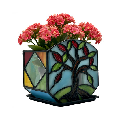 Entlityful Handmade Stained Glass Tree of Life Planter, Decorative Succulent Pot for Indoor Plants, Boho Home Decor for Windowsill and Living Room