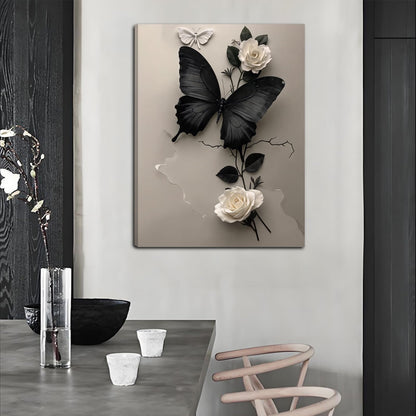 Black Butterfly and White Flower Canvas Wall Art Plant Abstract Texture Picture Butterfly Poster Print Minimalist Painting Decoration For Living Room Bathroom Dining Room Office (12 * 16in Framed)
