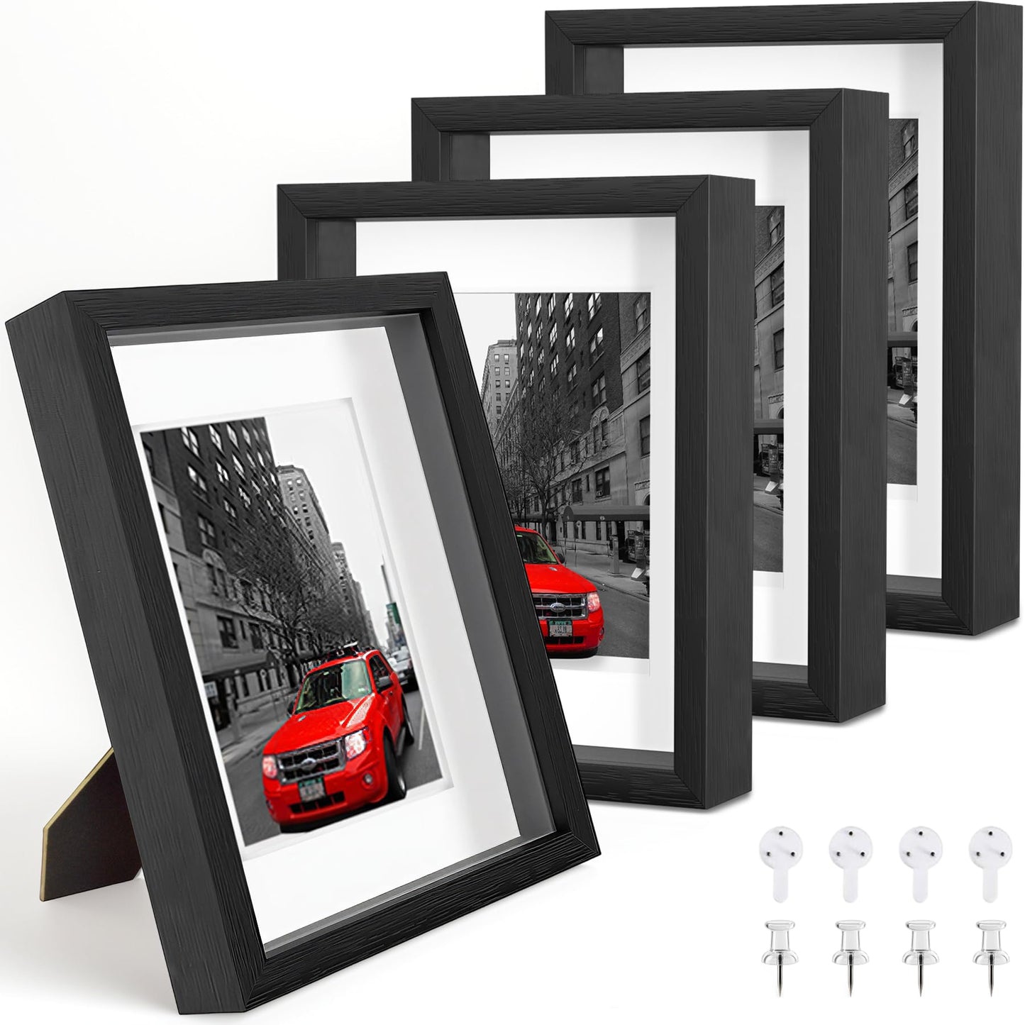 Heyxinda 8x10 Shadow Box Picture Frames Set of 4, Wooden Display Cases with Linen Board, Use as 6x8 Frame with Mat or 8x10 Without Mat, 1.0" Interior Depth for Flowers Memorabilia Collectibles, Black