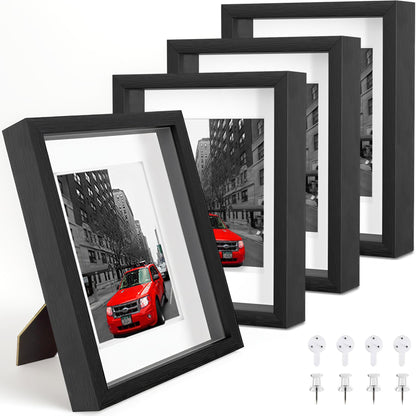 Heyxinda 8x10 Shadow Box Picture Frames Set of 4, Wooden Display Cases with Linen Board, Use as 6x8 Frame with Mat or 8x10 Without Mat, 1.0" Interior Depth for Flowers Memorabilia Collectibles, Black