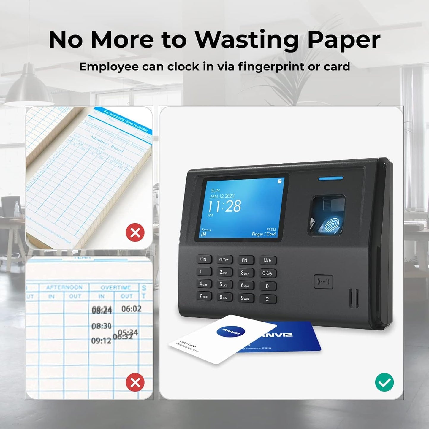 ANVIZ Time Clocks for Small Business Employees CX3 - No Monthly Fee No Software Required - Fingerprint Biometric Clock in and Out Machine - Right Out of The Box, Finger + RFID + Pin Punching