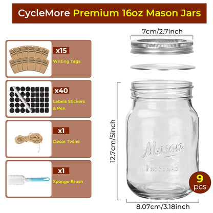 CycleMore 9 Pack 16 oz Mason Jars with Airtight Lids - Embossed Pint Glass Canning Jars for Pickling, Food Storage, Wedding Favors & DIY Crafts - Regular Mouth Design with Labels & Jute String