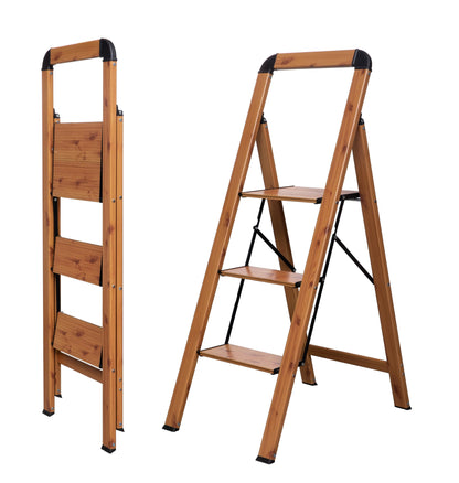 BIBKOKE Step Ladder 3-Step Woodgrain Finish Aluminum Folding Ladders
