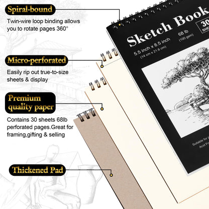 Humyoun 24 Pcs Top Spiral Bound Sketch Pad with Drawing Pencils Set, 5.5 x 8.5 Inch Sketchbook, 68lb(100gsm) Thick Paper, Charcoal & Graphite Pencils (12B-4H) for Shading, Artists & Beginners
